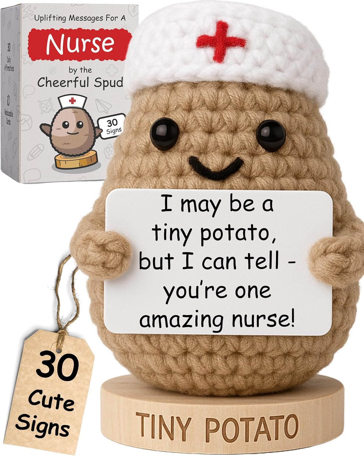 Doctor Gifts - Handmade Crochet Potato Doll with 30 Cute Signs for Doctors - Funny Gift Idea for Women Doctors for Birthday Christmas or Retirement - Bulk Staff Appreciation Thank You Present