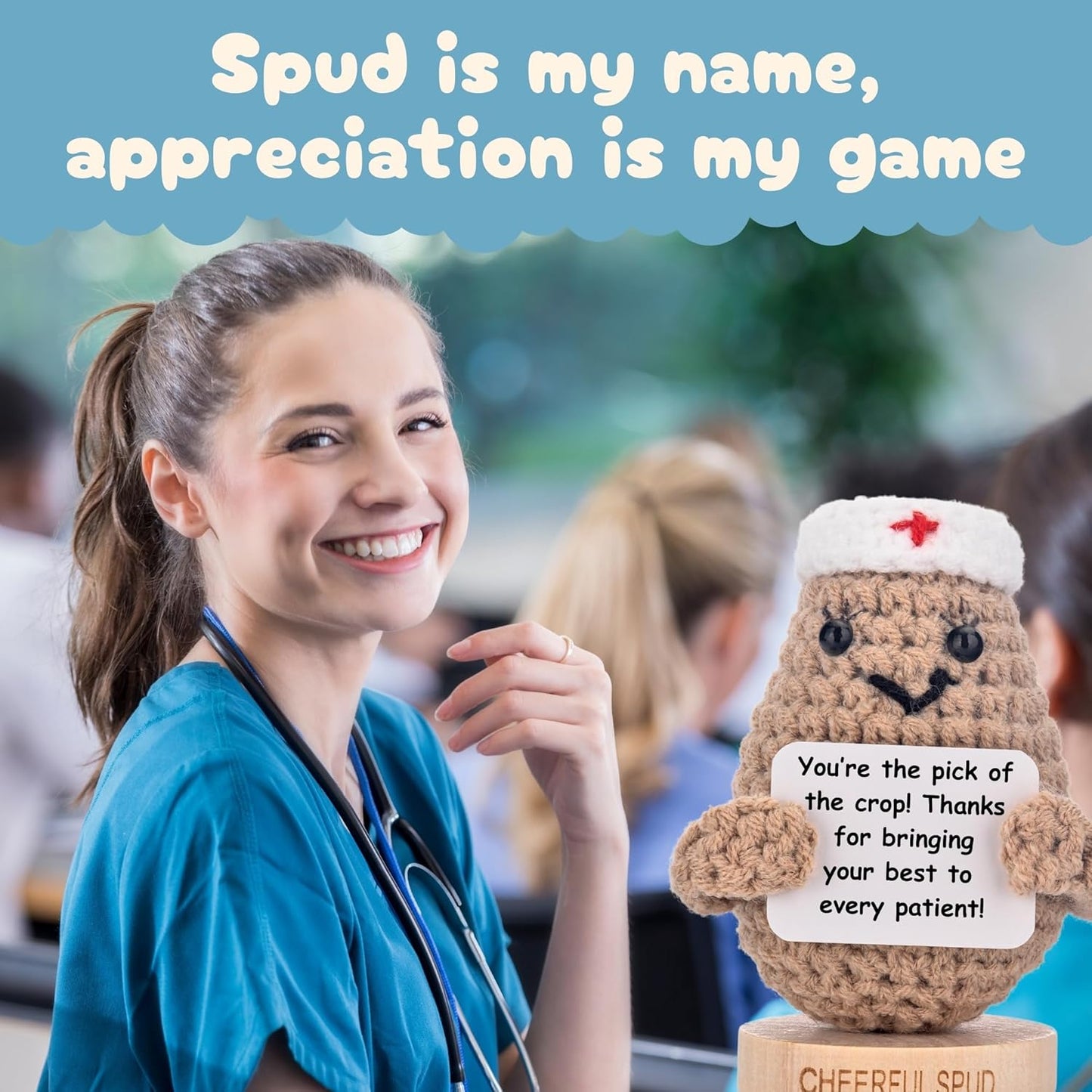 Doctor Gifts - Handmade Crochet Potato Doll with 30 Cute Signs for Doctors - Funny Gift Idea for Women Doctors for Birthday Christmas or Retirement - Bulk Staff Appreciation Thank You Present