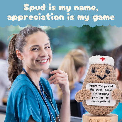 Doctor Gifts - Handmade Crochet Potato Doll with 30 Cute Signs for Doctors - Funny Gift Idea for Women Doctors for Birthday Christmas or Retirement - Bulk Staff Appreciation Thank You Present