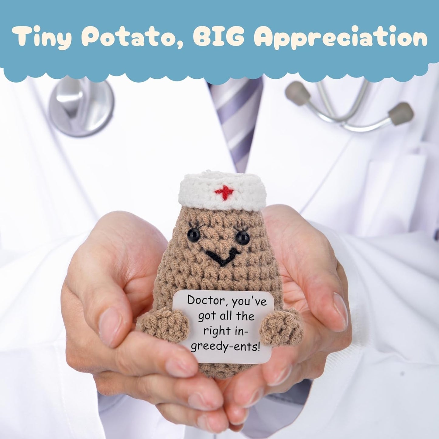 Doctor Gifts - Handmade Crochet Potato Doll with 30 Cute Signs for Doctors - Funny Gift Idea for Women Doctors for Birthday Christmas or Retirement - Bulk Staff Appreciation Thank You Present
