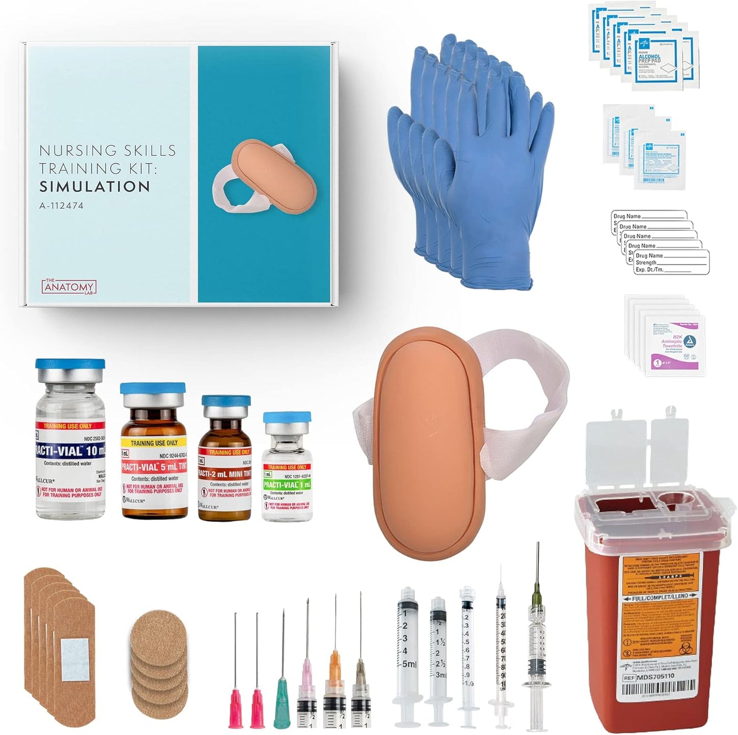 Clinical Nursing Skills Training Kit with Wearable Injection Pad, 60 Pc Kit Simulated Injection Training