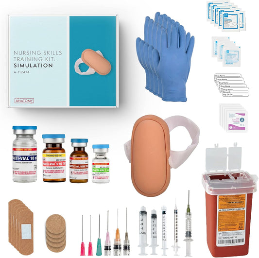 Clinical Nursing Skills Training Kit with Wearable Injection Pad, 60 Pc Kit Simulated Injection Training