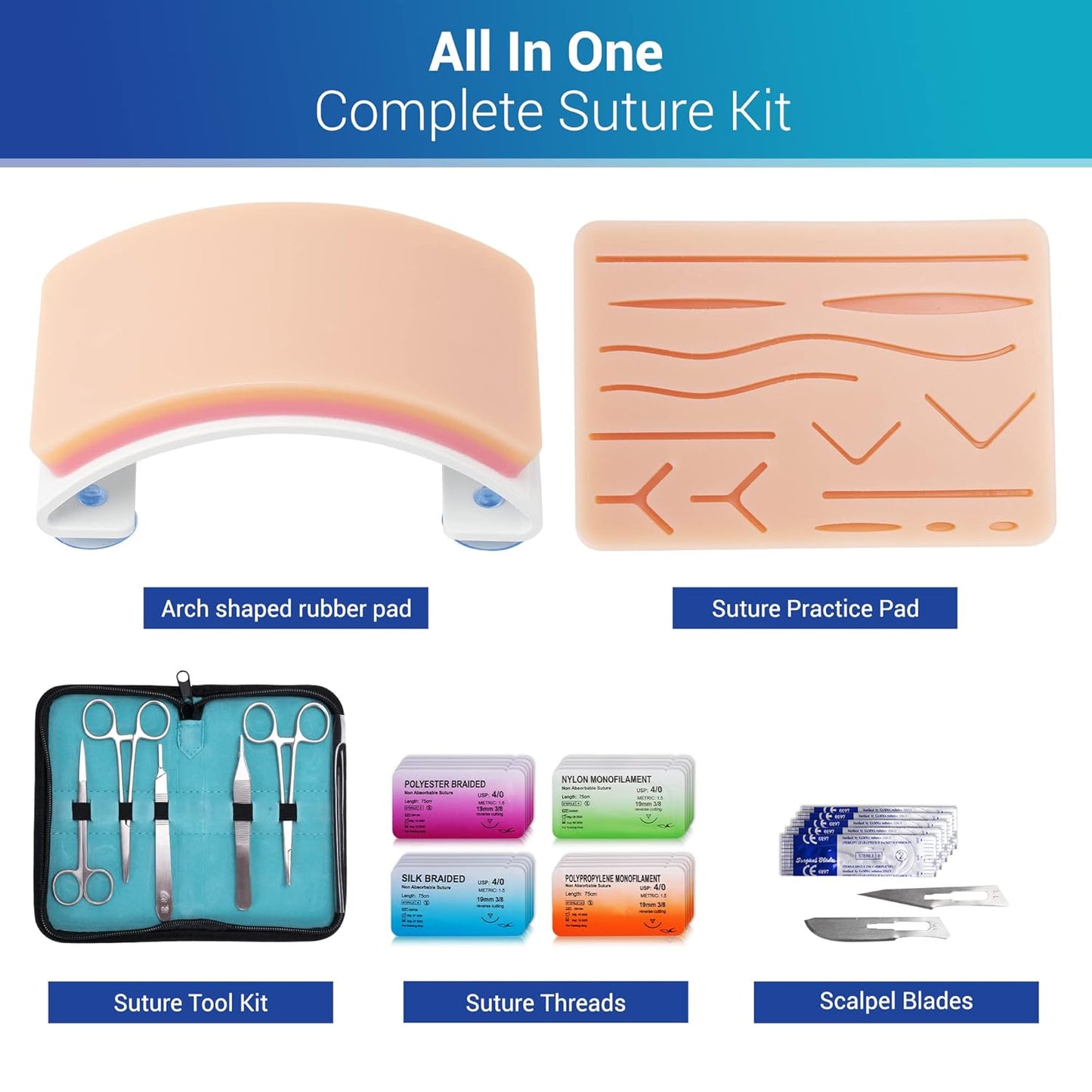 Complete Set Suture Practice Kit Includes Arch-Shaped and Pre-Cut Wounds Pads