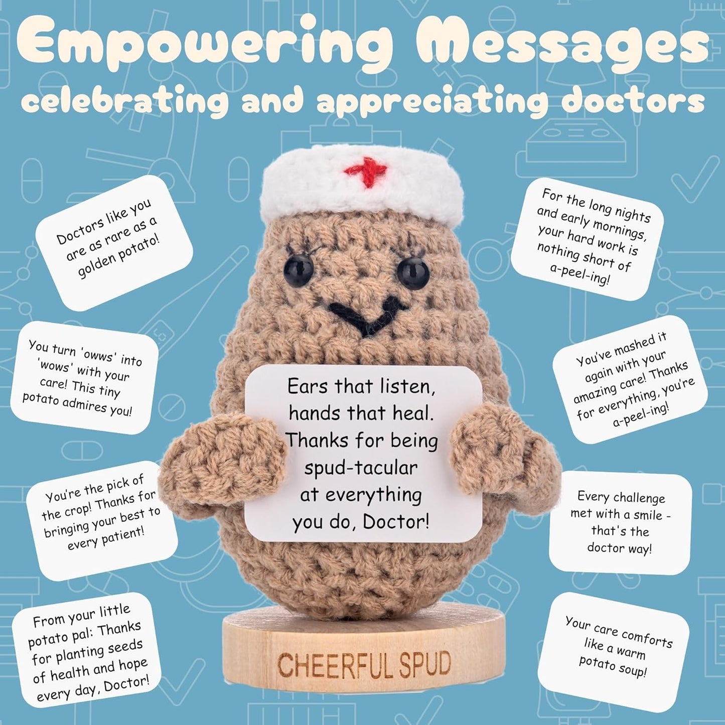Doctor Gifts - Handmade Crochet Potato Doll with 30 Cute Signs for Doctors - Funny Gift Idea for Women Doctors for Birthday Christmas or Retirement - Bulk Staff Appreciation Thank You Present