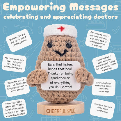 Doctor Gifts - Handmade Crochet Potato Doll with 30 Cute Signs for Doctors - Funny Gift Idea for Women Doctors for Birthday Christmas or Retirement - Bulk Staff Appreciation Thank You Present