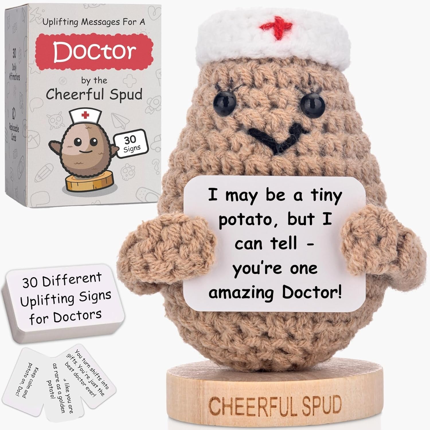 Doctor Gifts - Handmade Crochet Potato Doll with 30 Cute Signs for Doctors - Funny Gift Idea for Women Doctors for Birthday Christmas or Retirement - Bulk Staff Appreciation Thank You Present