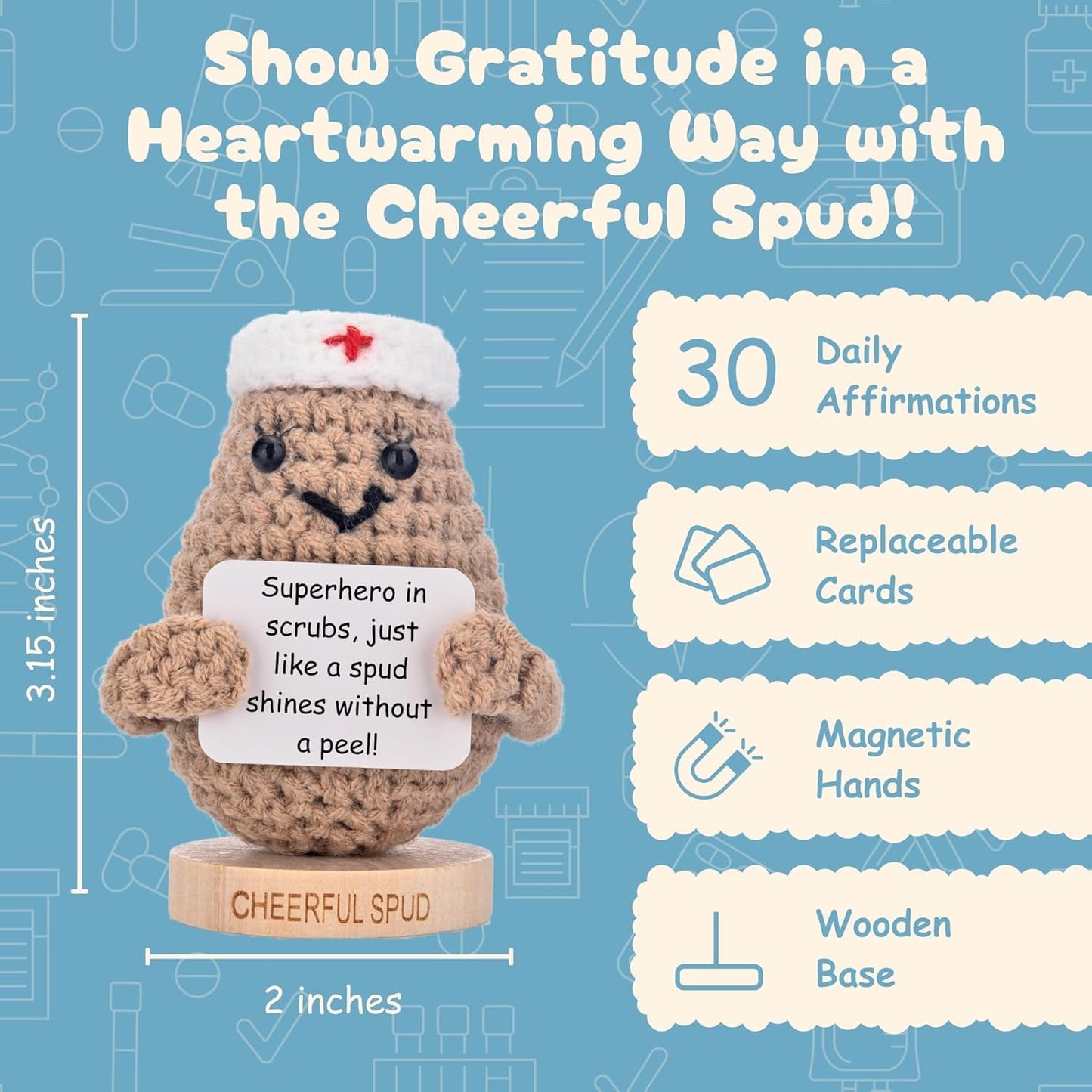 Doctor Gifts - Handmade Crochet Potato Doll with 30 Cute Signs for Doctors - Funny Gift Idea for Women Doctors for Birthday Christmas or Retirement - Bulk Staff Appreciation Thank You Present