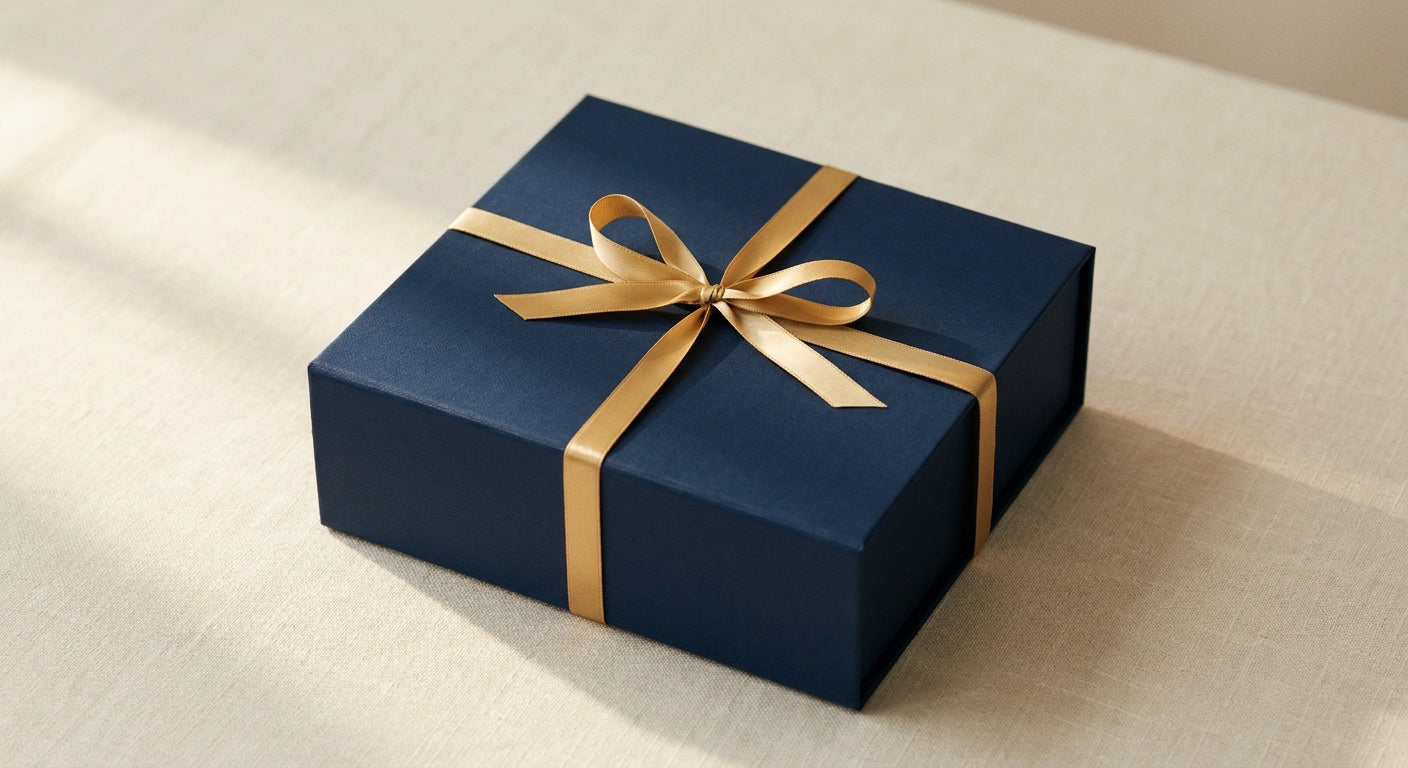 Closed navy gift box tied with a single gold satin ribbon on ivory linen