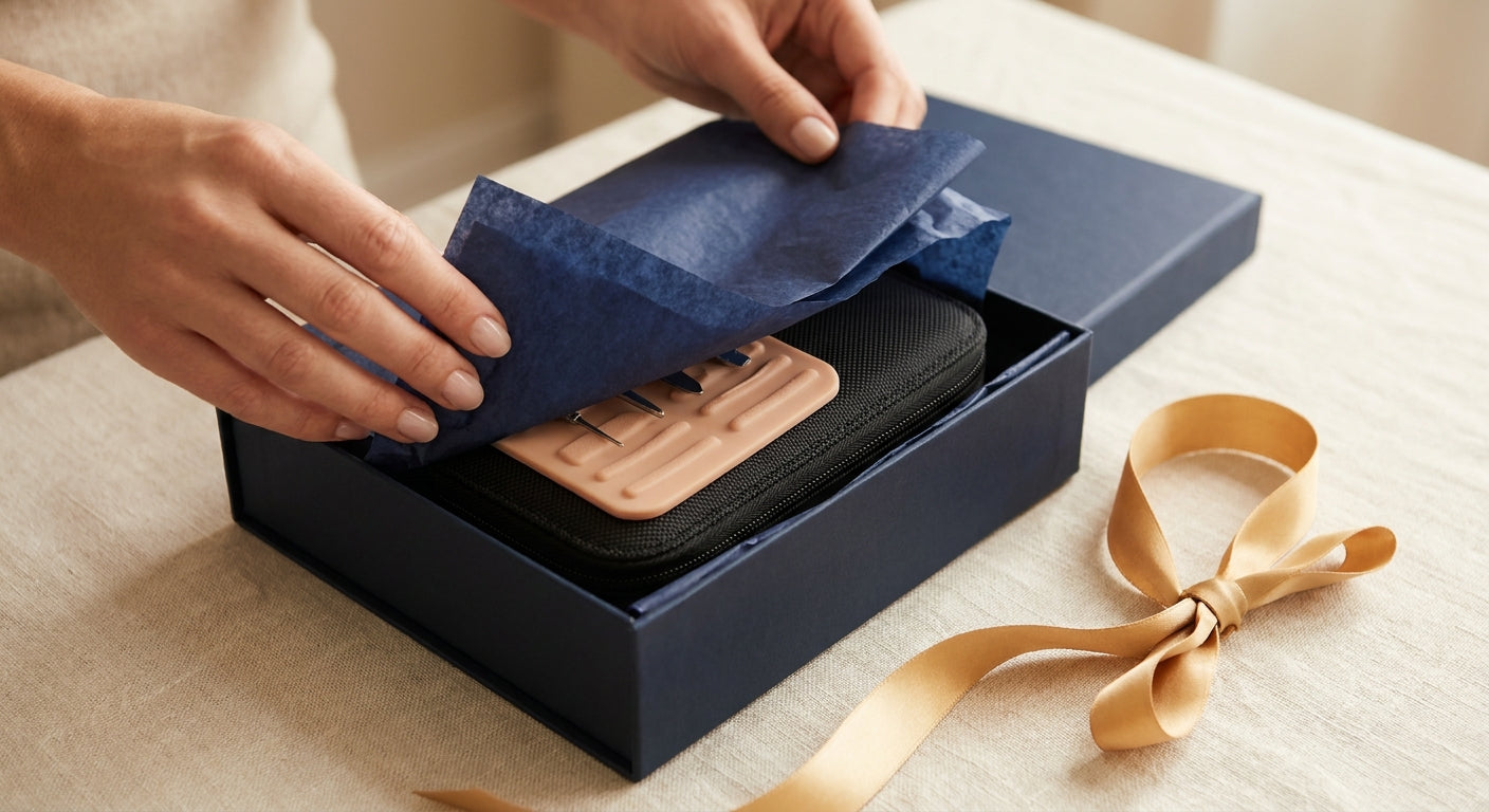 Hands lifting navy tissue paper to reveal the suture kit inside the gift box