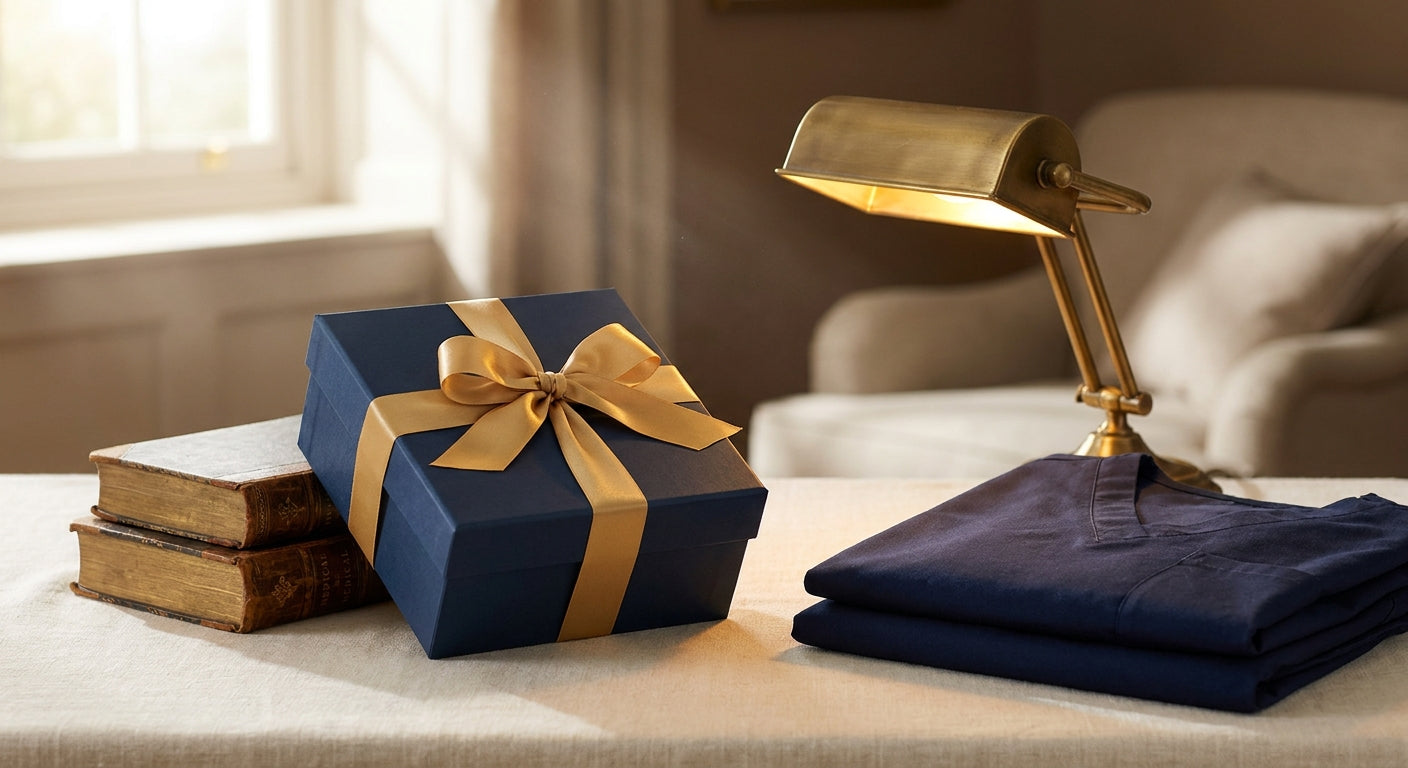 Navy gift box styled beside medical textbooks, a brass desk lamp and folded navy scrubs